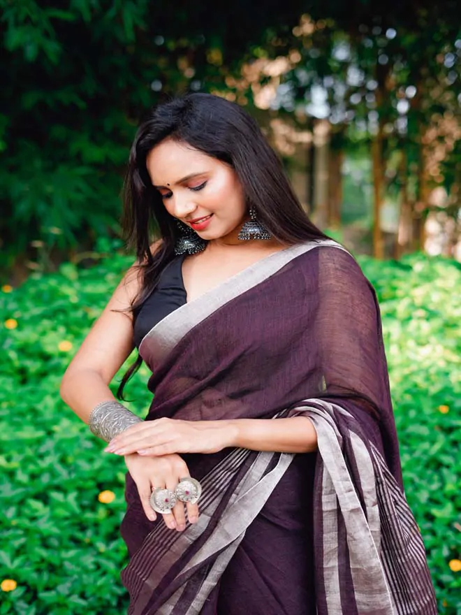 wine linen saree