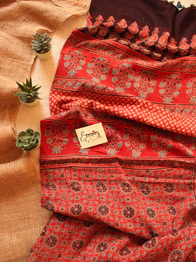 Red Ajrakh Mul Saree