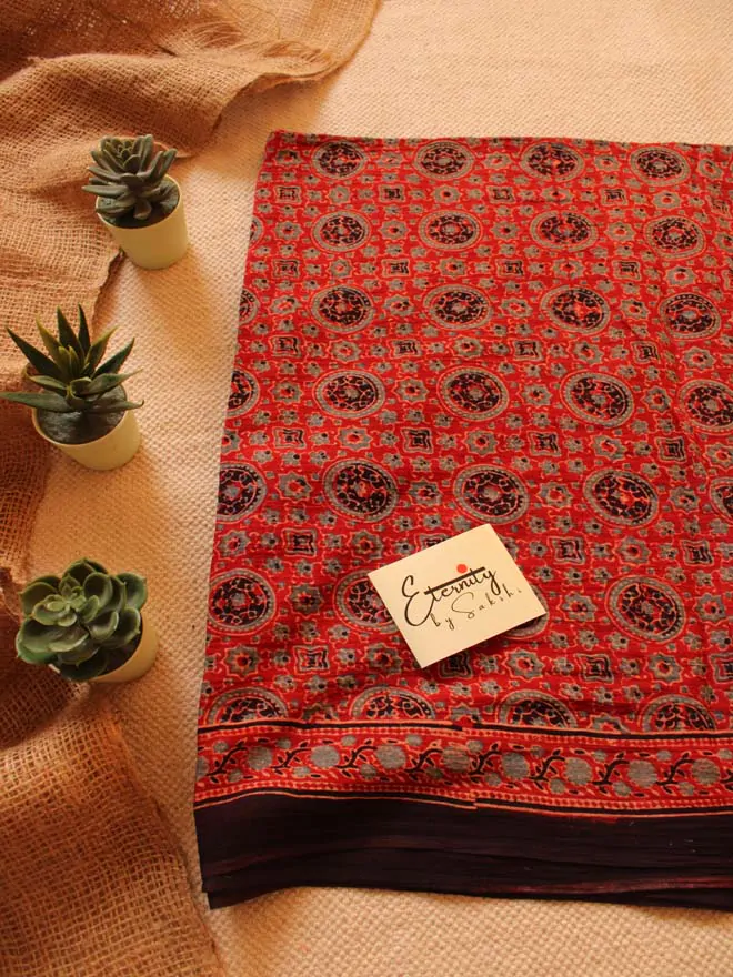 Red Ajrakh Mul Saree