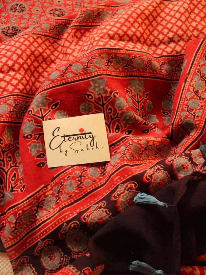 Red Ajrakh Mul Saree