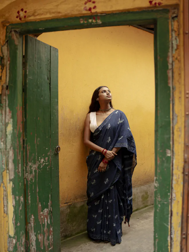 INDIGO HORIZON HANDBLOCKPRINTED COTTON SAREE