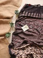 Black Handblock Printed Natural Dyed Ajrakh Mul Cotton Saree