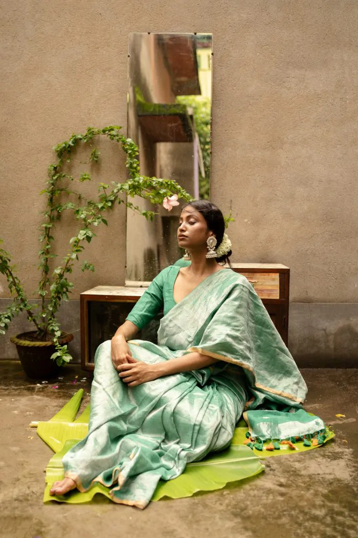 Sage Metallic Linen Saree