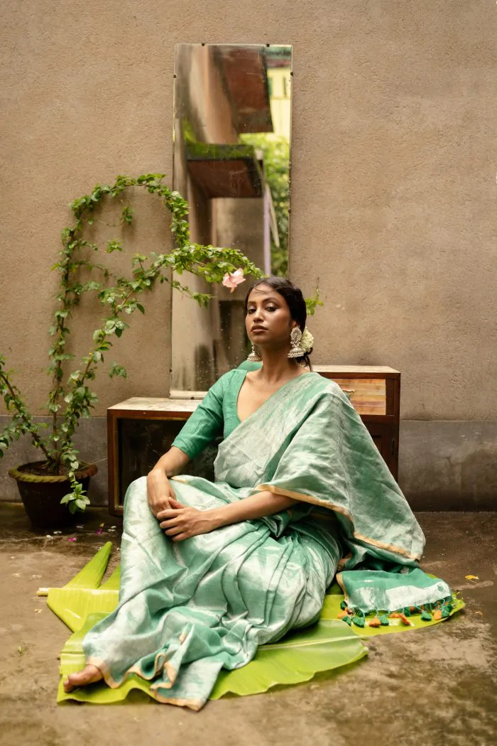 Sage Metallic Linen Saree