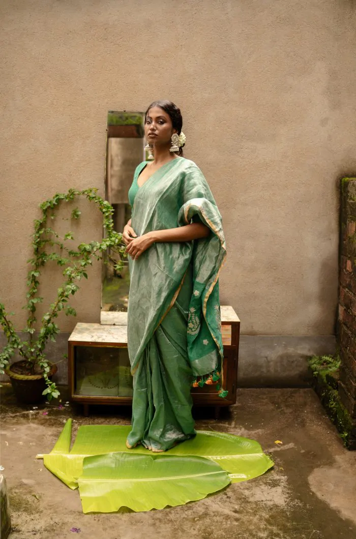 Sage Metallic Linen Saree