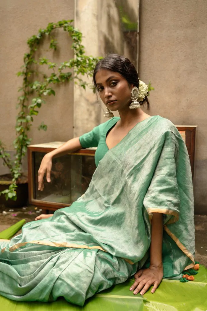 Sage Metallic Linen Saree