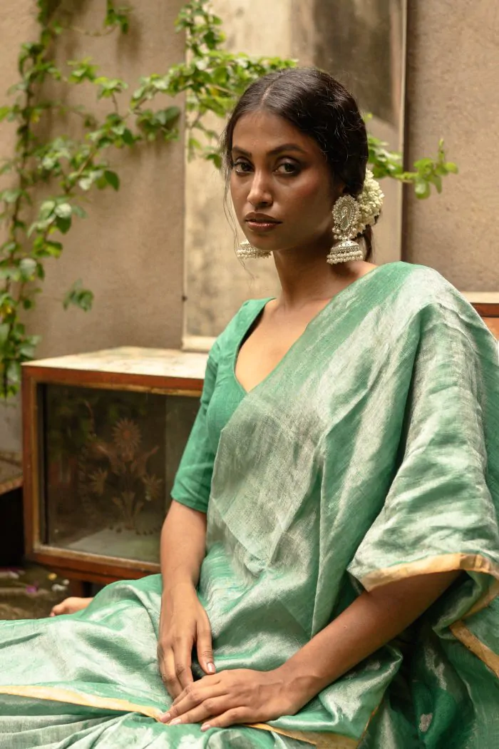 Sage Metallic Linen Saree