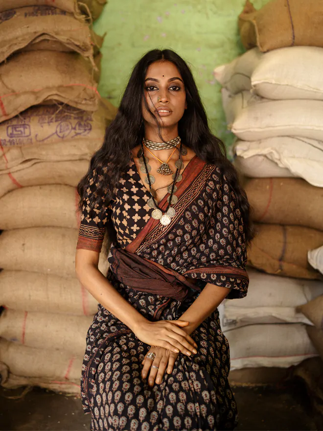 Jheel Mangalgiri Ajrakh Saree